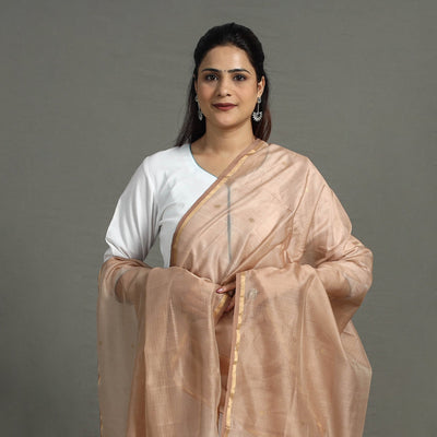 Brown - Handloom Silk Cotton Zari Buti Chanderi Dupatta 05
