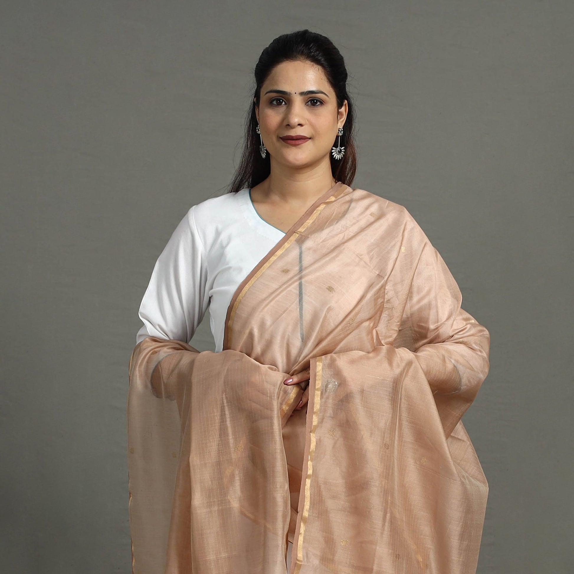 Brown - Handloom Silk Cotton Zari Buti Chanderi Dupatta 05