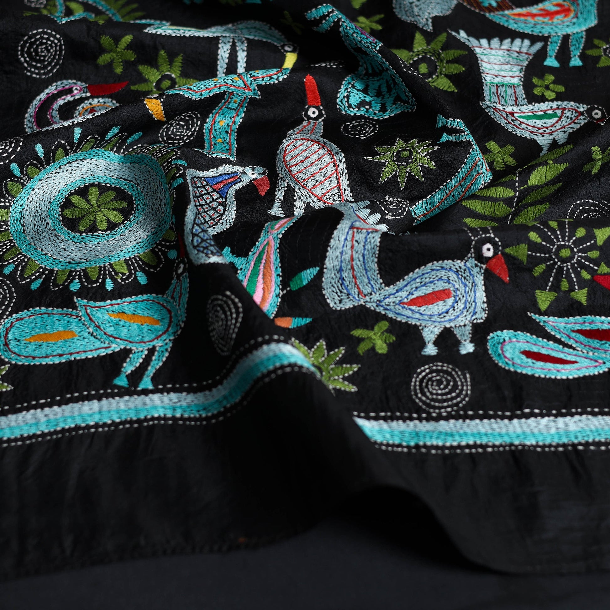 Black - Handloom Silk Bengal Kantha Work Stole 10