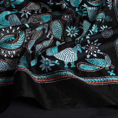 Black - Handloom Silk Bengal Kantha Work Stole 11