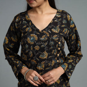 Black - Block Printed Cotton Straight Bagru Kurta 01
