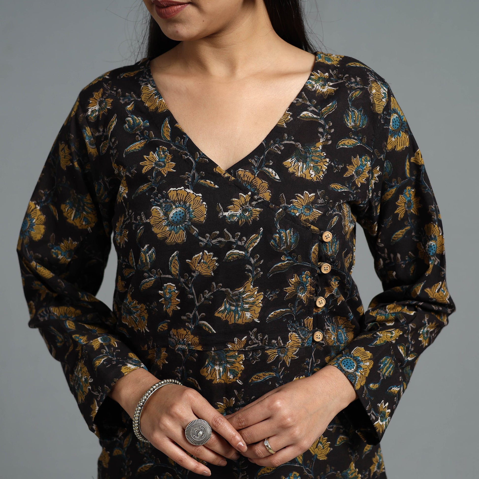 Black - Block Printed Cotton Straight Bagru Kurta 01