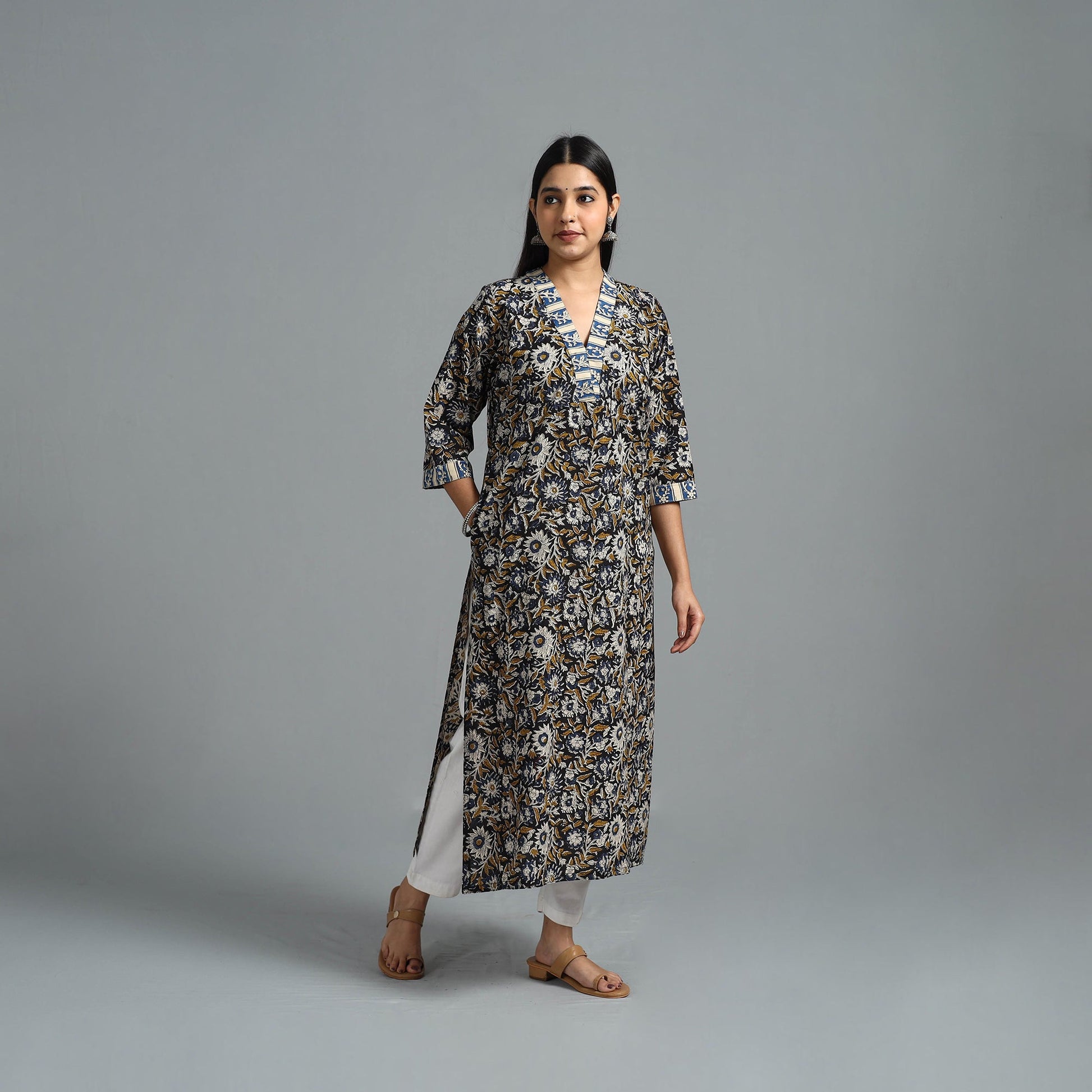 Black - Block Printed Cotton Straight Bagru Kurta 10