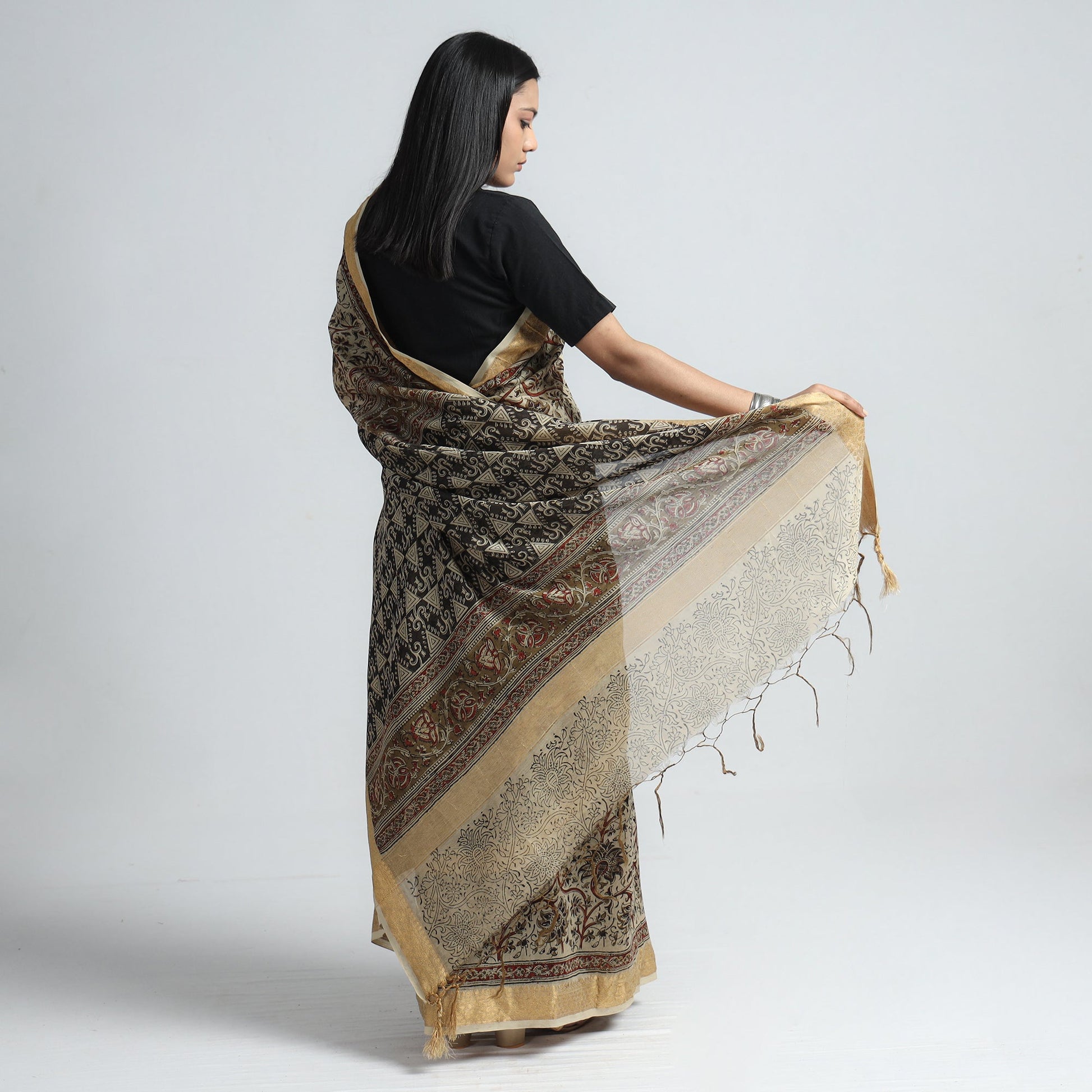 Beige - Original Pedana Kalamkari Block Print Silk Saree