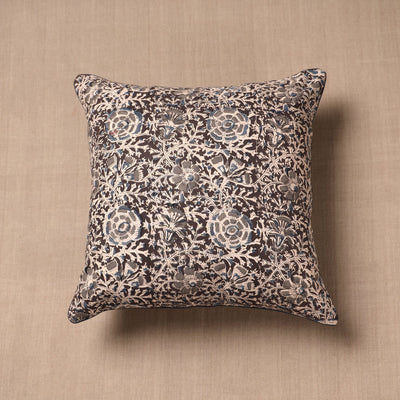 Brown - Block Print Cotton Kalamkari Cushion Cover (16 x 16 in)
