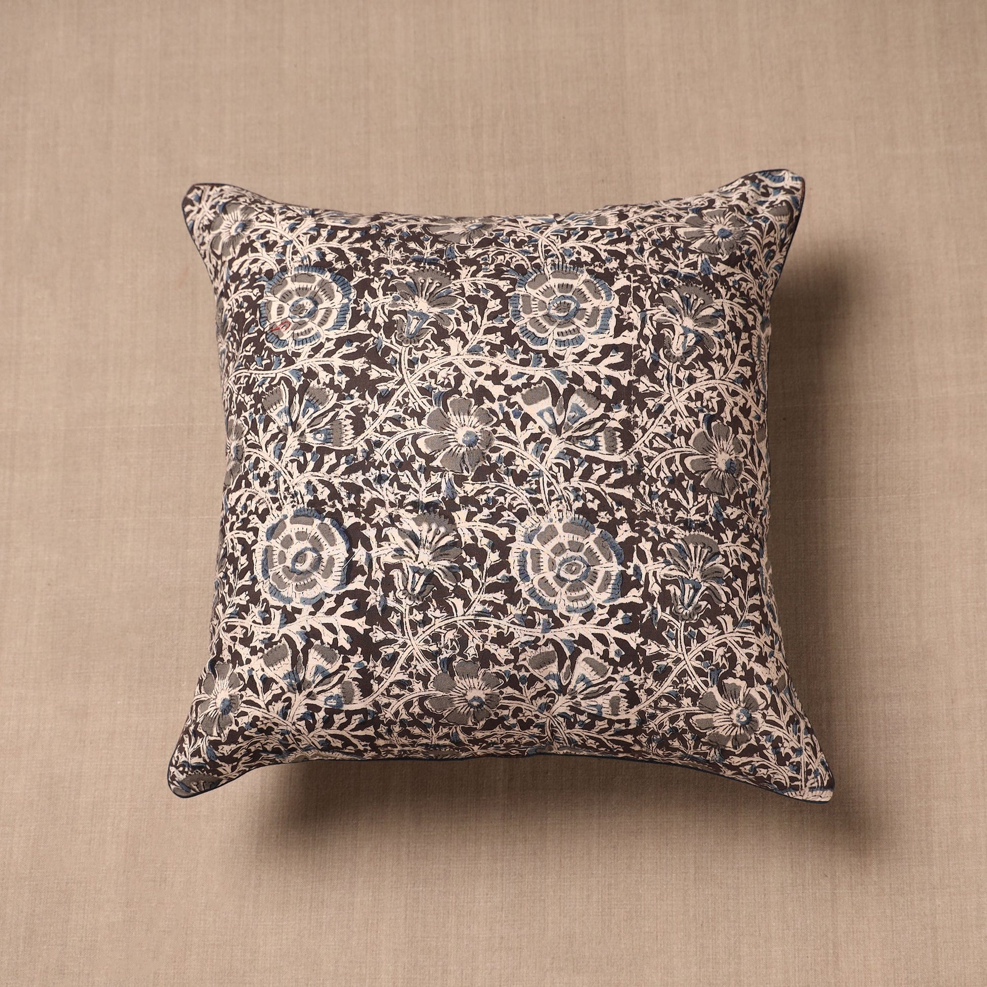 Brown - Block Print Cotton Kalamkari Cushion Cover (16 x 16 in)