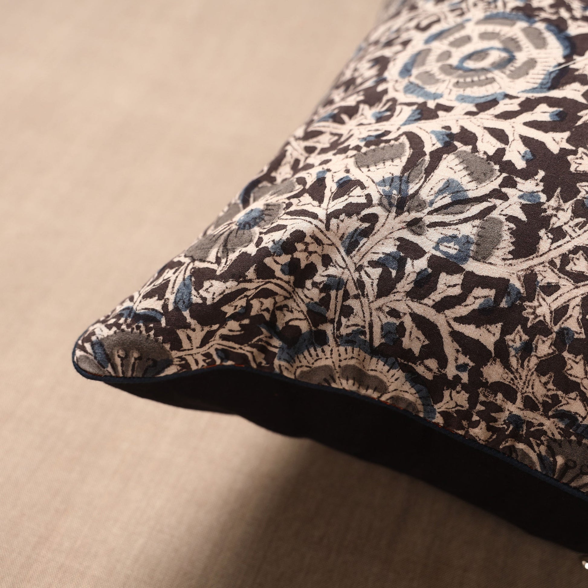Brown - Block Print Cotton Kalamkari Cushion Cover (16 x 16 in)