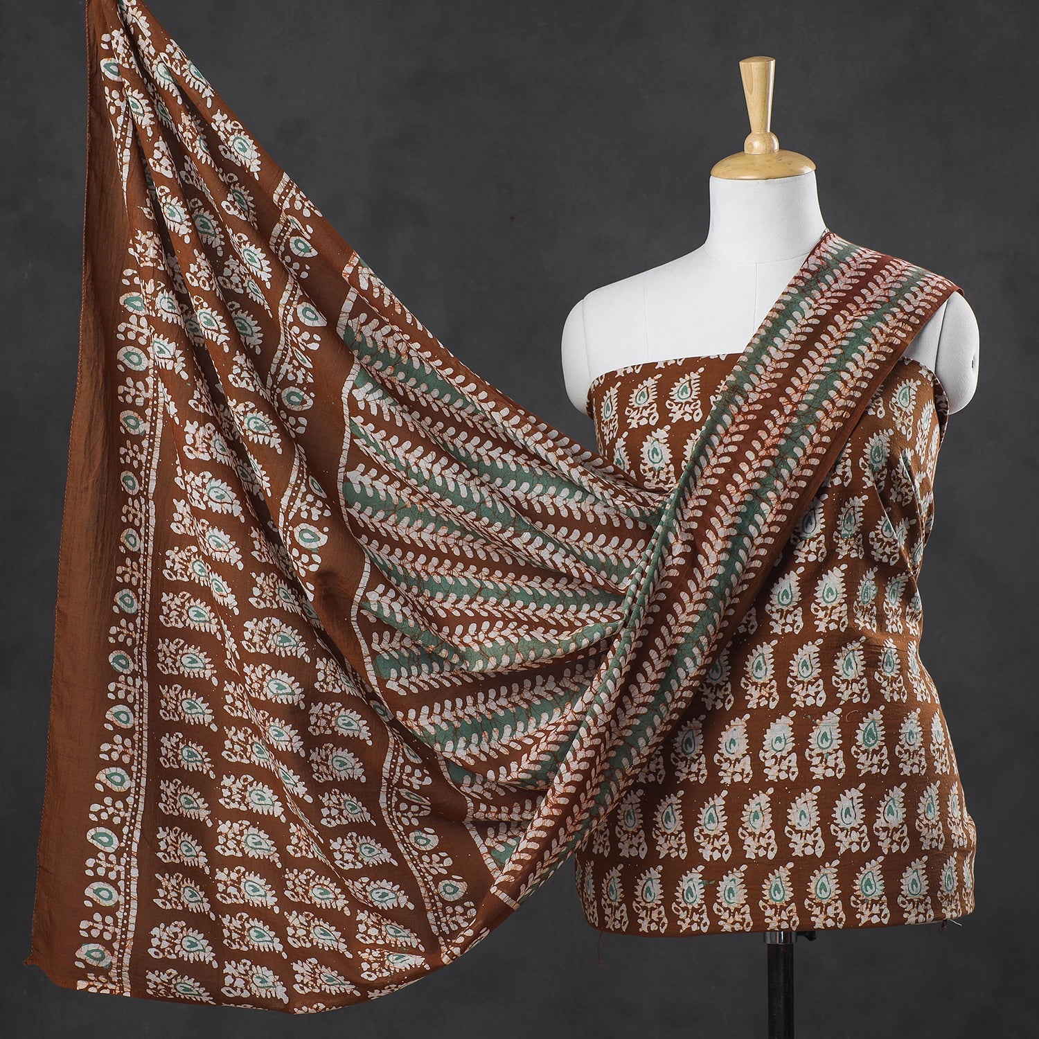Brown - 3pc Kutch Cotton Batik Print Dress Material 06