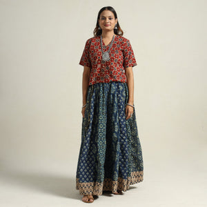 Blue - Ajrakh Block Printed 24 Kali Patchwork Cotton Long Skirt 31
