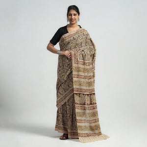 Beige - Pedana Block Print Cotton Kalamkari Saree