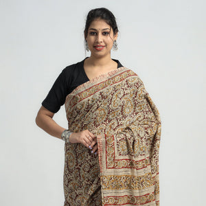 Beige - Pedana Block Print Cotton Kalamkari Saree