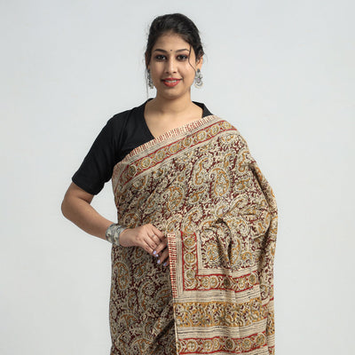 Beige - Pedana Block Print Cotton Kalamkari Saree