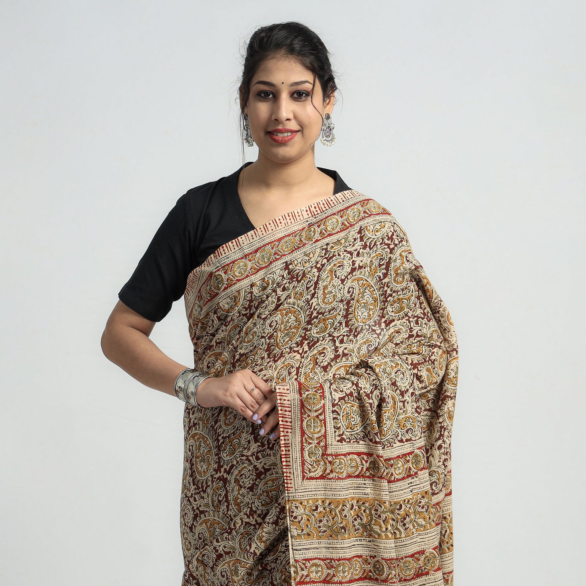 Beige - Pedana Block Print Cotton Kalamkari Saree