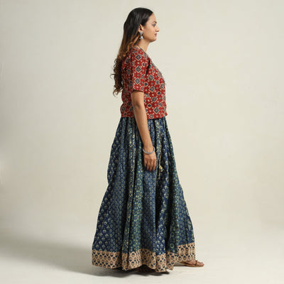 Blue - Ajrakh Block Printed 24 Kali Patchwork Cotton Long Skirt 31