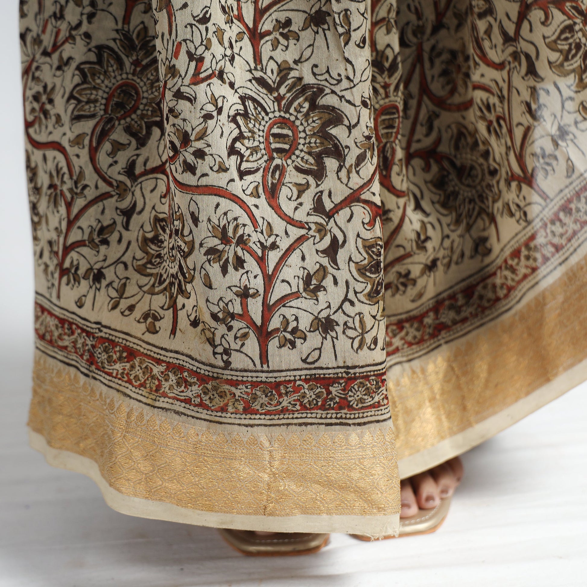 Beige - Original Pedana Kalamkari Block Print Silk Saree