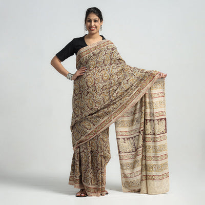 Beige - Pedana Block Print Cotton Kalamkari Saree