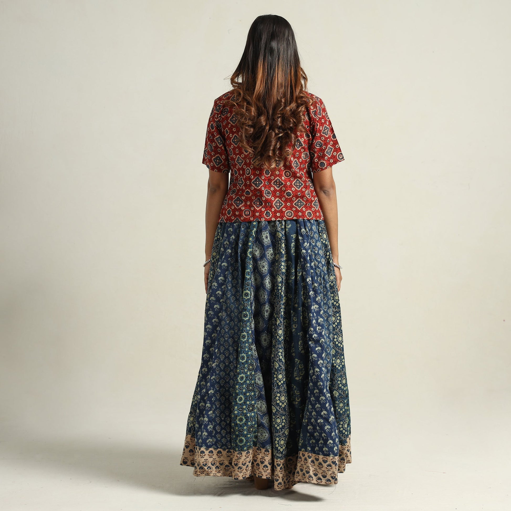 Blue - Ajrakh Block Printed 24 Kali Patchwork Cotton Long Skirt 31