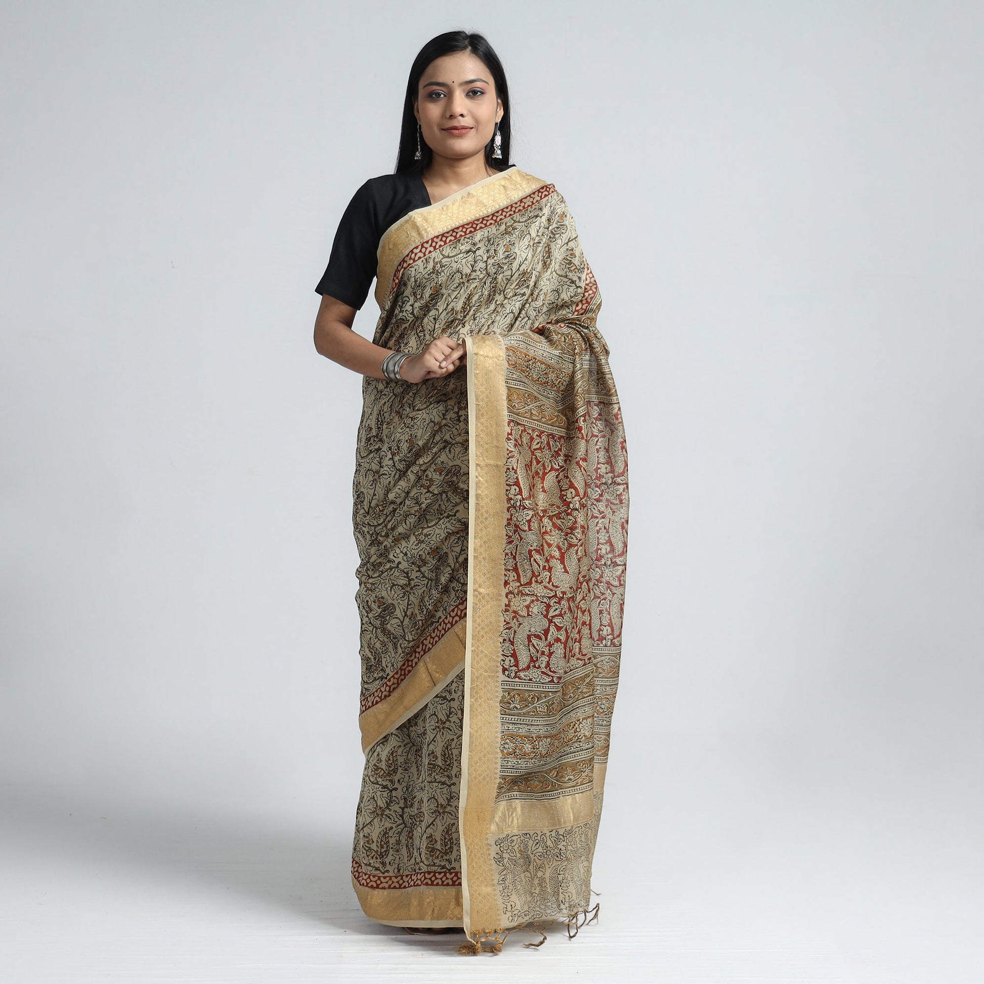 Beige - Original Pedana Kalamkari Block Print Silk Saree