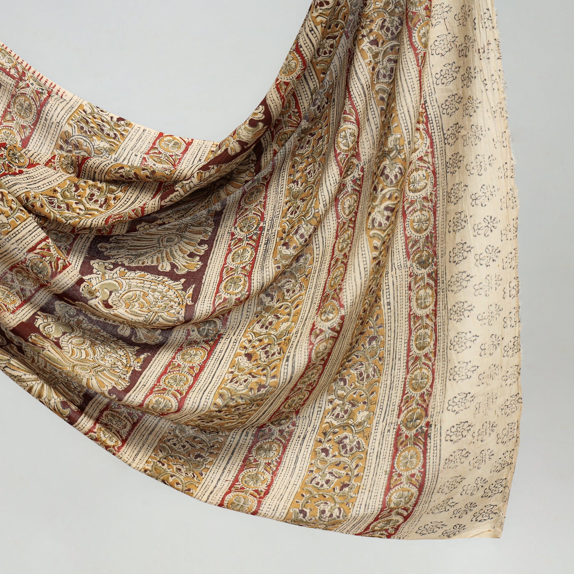 Beige - Pedana Block Print Cotton Kalamkari Saree
