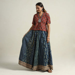 Blue - Ajrakh Block Printed 24 Kali Patchwork Cotton Long Skirt 31
