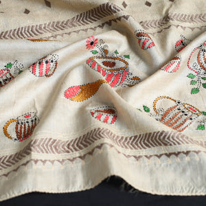 Beige - Handloom Tussar Silk Bengal Kantha Work Stole 33