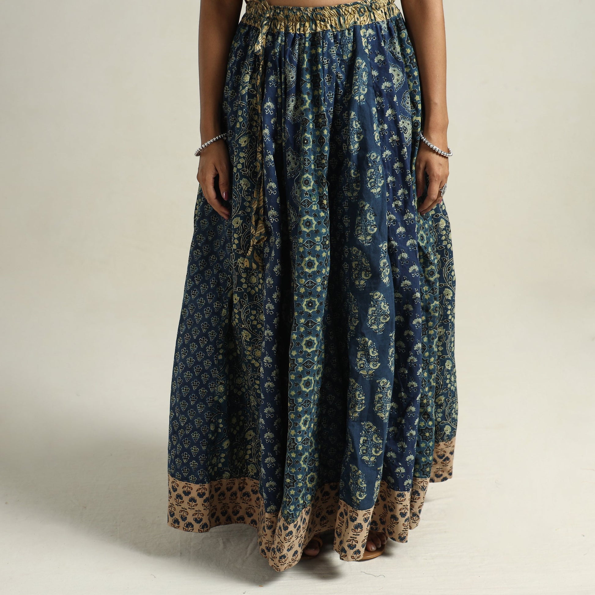 Blue - Ajrakh Block Printed 24 Kali Patchwork Cotton Long Skirt 31