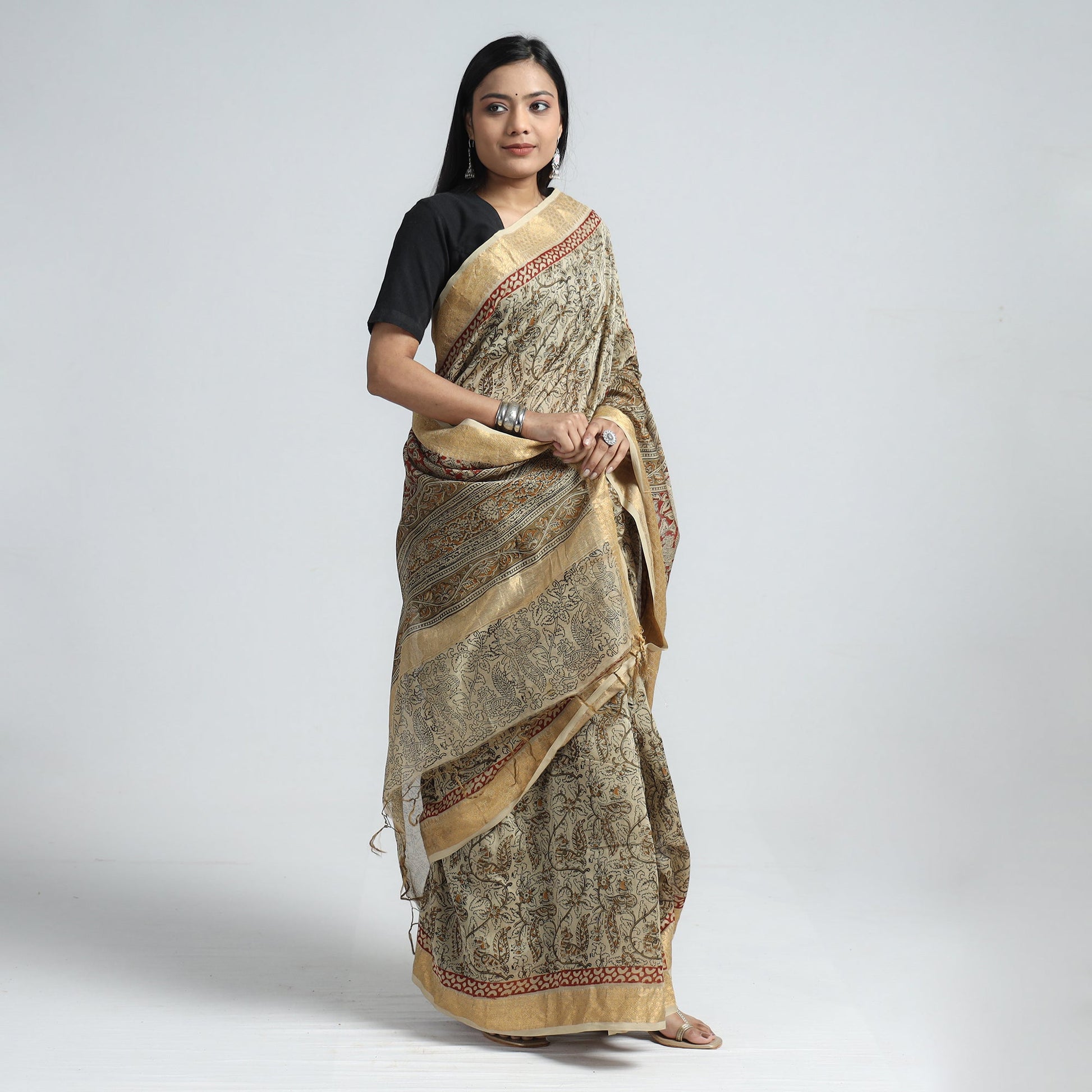 Beige - Original Pedana Kalamkari Block Print Silk Saree