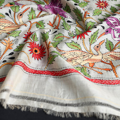Beige - Handloom Tussar Silk Bengal Kantha Work Work Stole 49