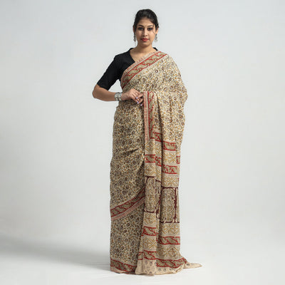 Beige - Pedana Block Print Cotton Kalamkari Saree