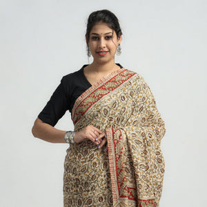 Beige - Pedana Block Print Cotton Kalamkari Saree