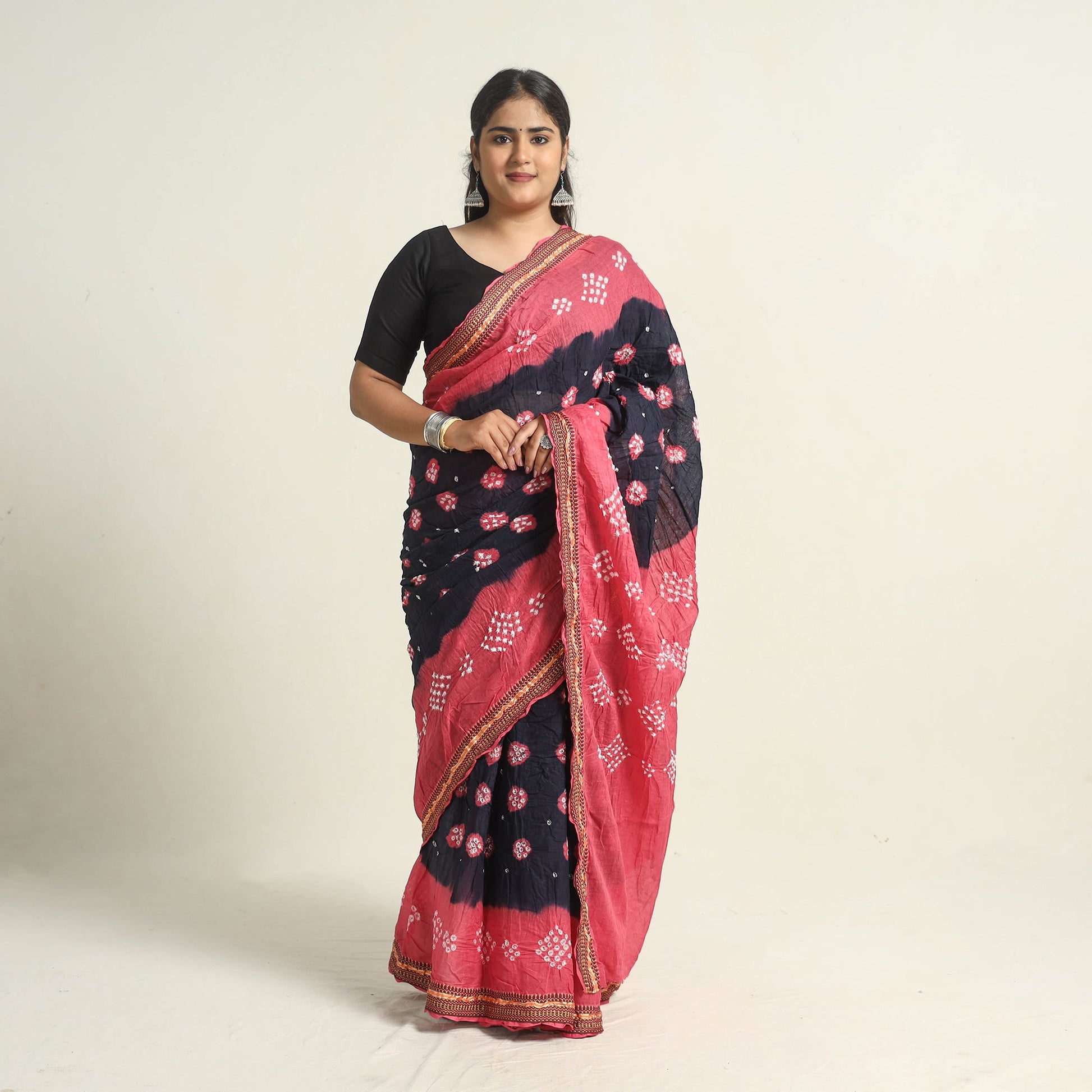 Black - Kutch Tie-Dye Cotton Bandhani Saree with Blouse Piece 57