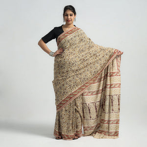 Beige - Pedana Block Print Cotton Kalamkari Saree