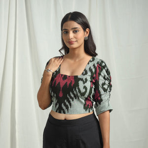 Grey - Handloom Cotton Central Asian Pochampally Ikat Crop Top 07