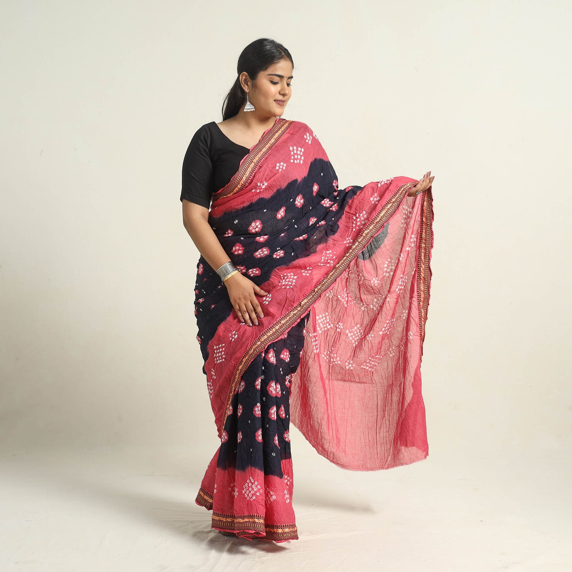 Black - Kutch Tie-Dye Cotton Bandhani Saree with Blouse Piece 57