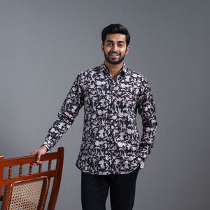 Black - Sanganeri Block Printed Cotton Men Full Sleeve Shirt 05