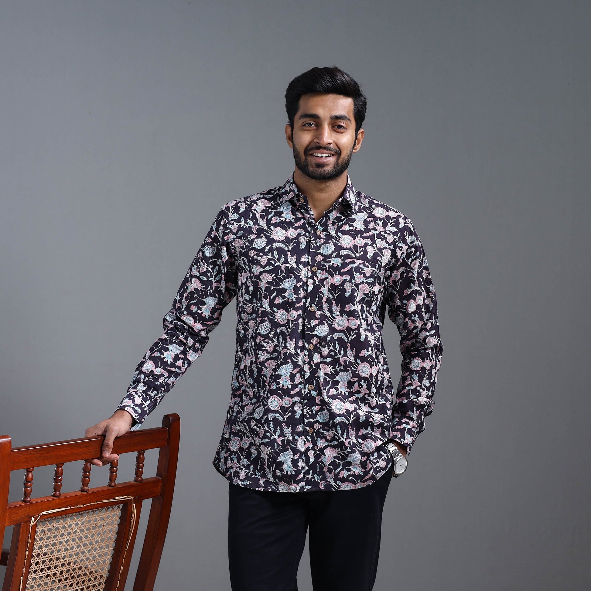 Black - Sanganeri Block Printed Cotton Men Full Sleeve Shirt 05