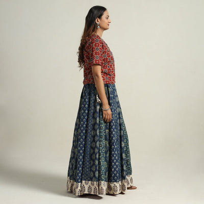 Blue - Ajrakh Block Printed 24 Kali Patchwork Cotton Long Skirt 32