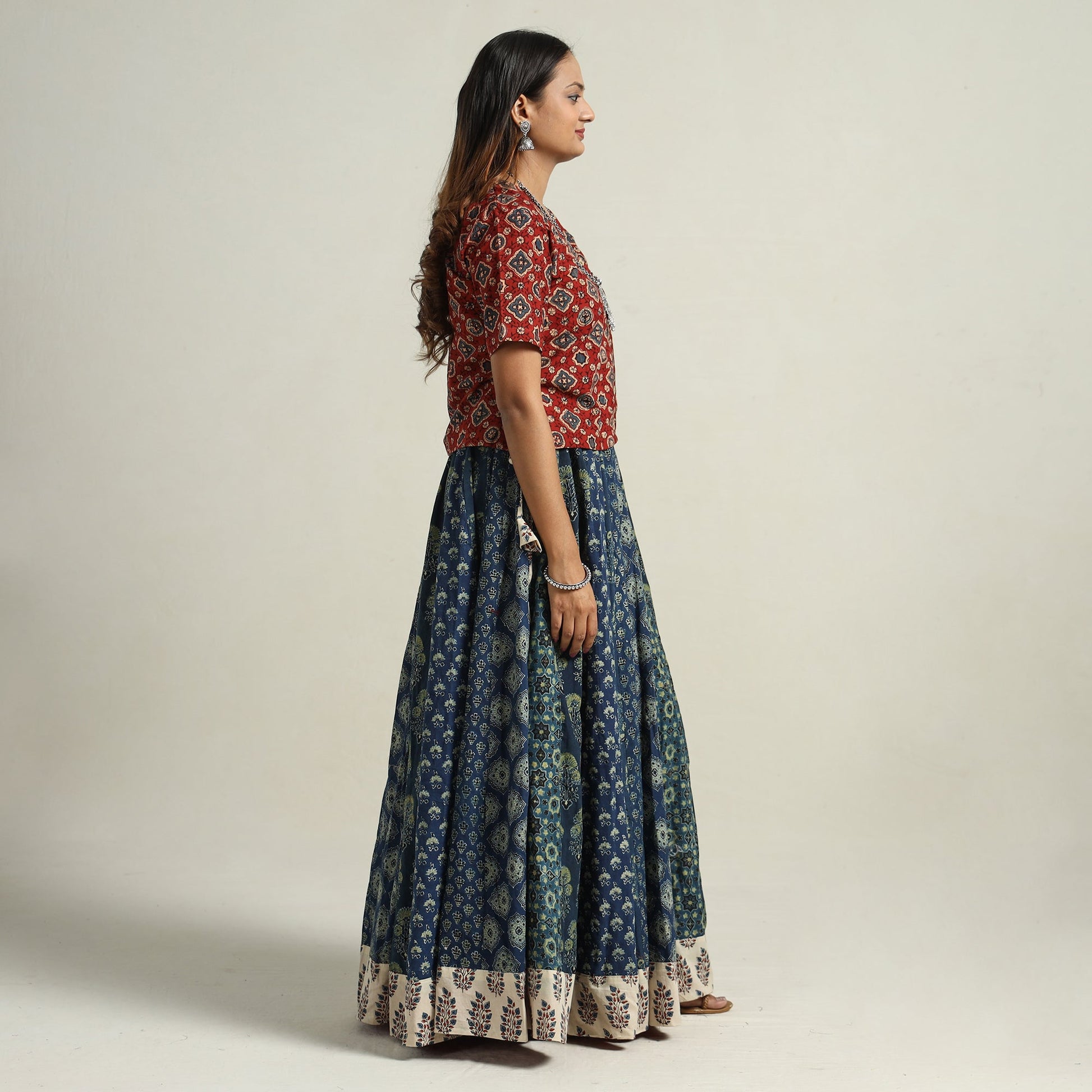 Blue - Ajrakh Block Printed 24 Kali Patchwork Cotton Long Skirt 32