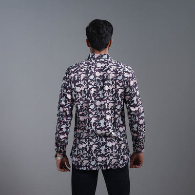 Black - Sanganeri Block Printed Cotton Men Full Sleeve Shirt 05
