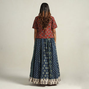 Blue - Ajrakh Block Printed 24 Kali Patchwork Cotton Long Skirt 32