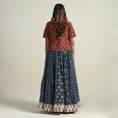 Blue - Ajrakh Block Printed 24 Kali Patchwork Cotton Long Skirt 32