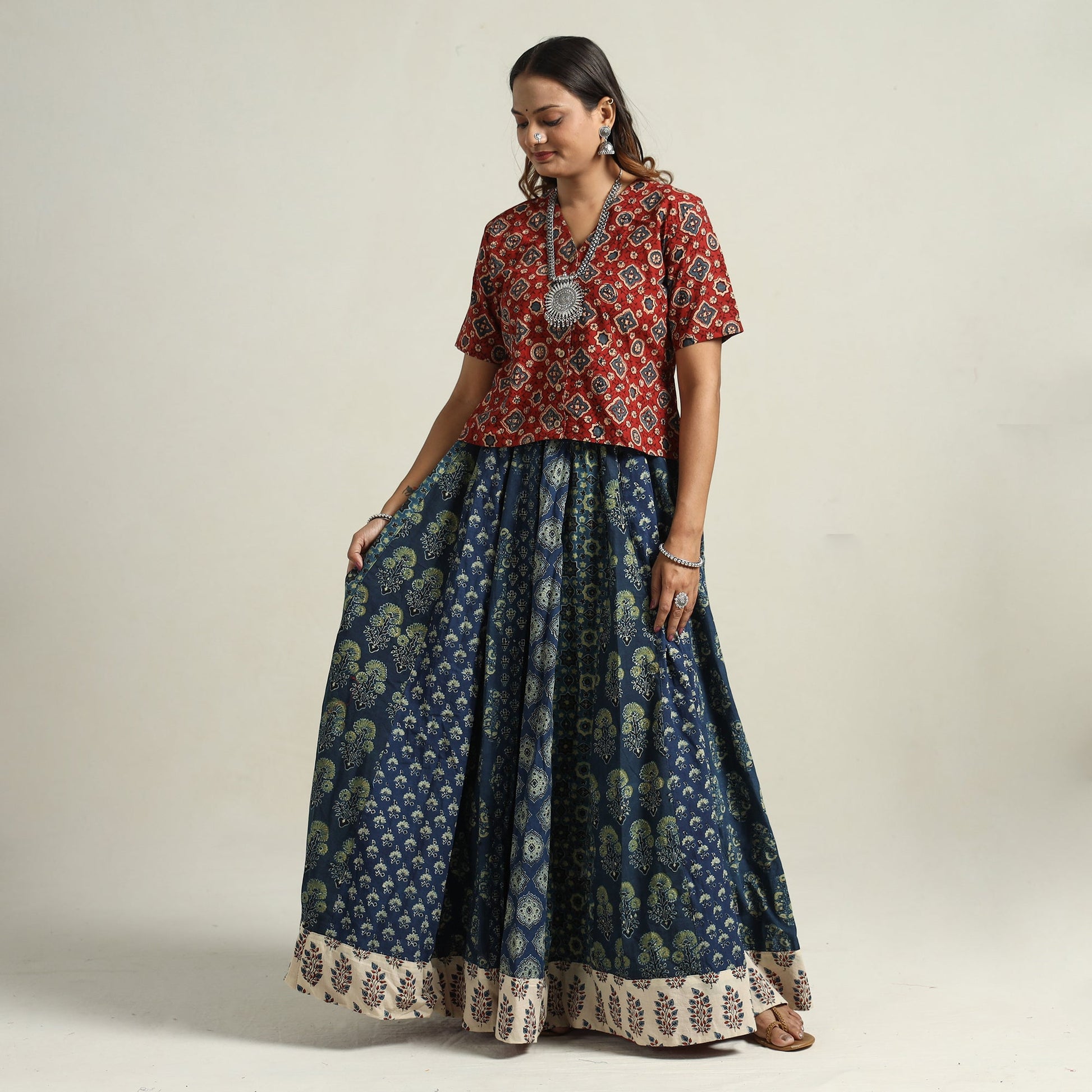 Blue - Ajrakh Block Printed 24 Kali Patchwork Cotton Long Skirt 32