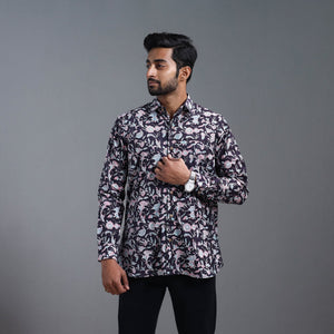 Black - Sanganeri Block Printed Cotton Men Full Sleeve Shirt 05