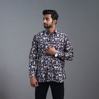 Black - Sanganeri Block Printed Cotton Men Full Sleeve Shirt 05