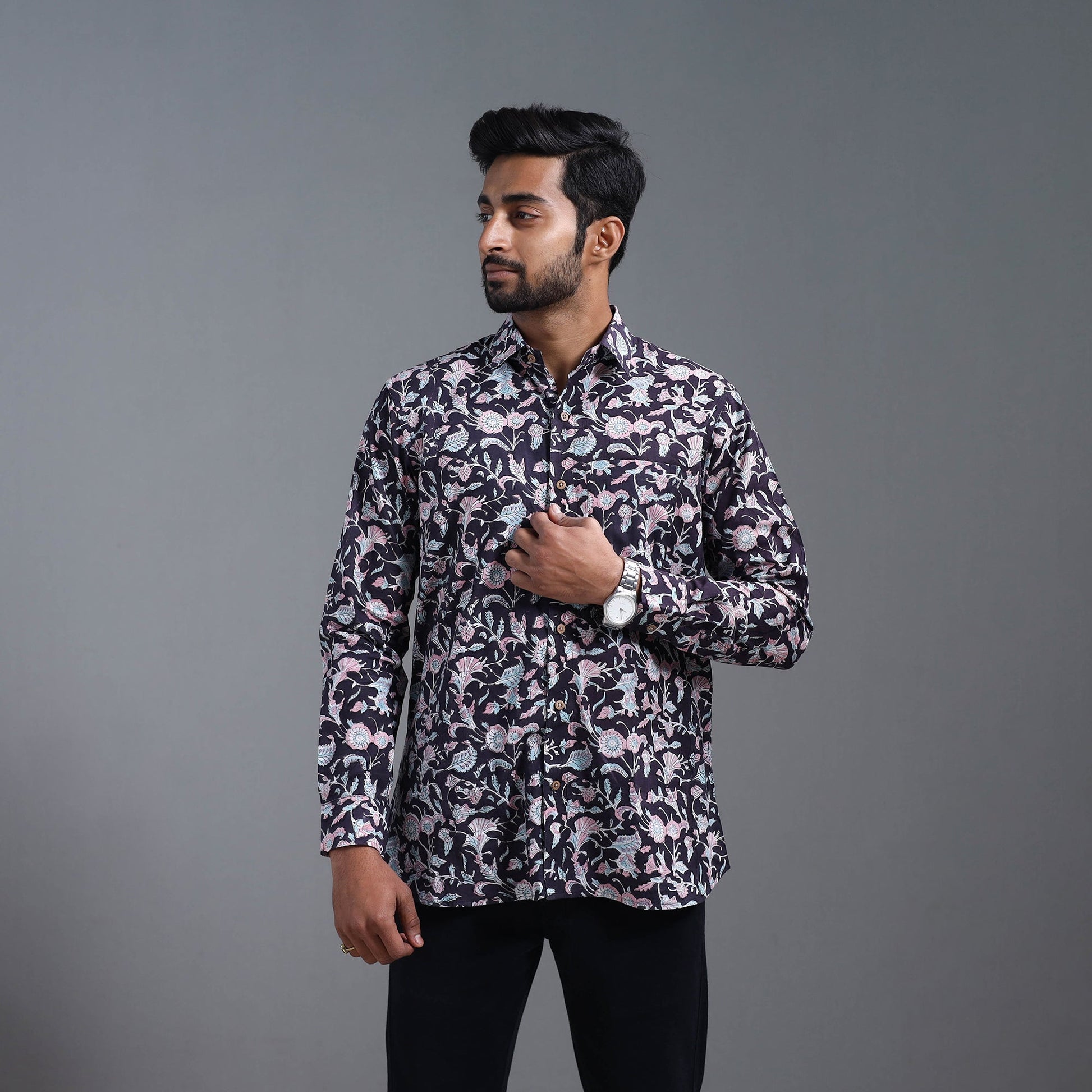 Black - Sanganeri Block Printed Cotton Men Full Sleeve Shirt 05