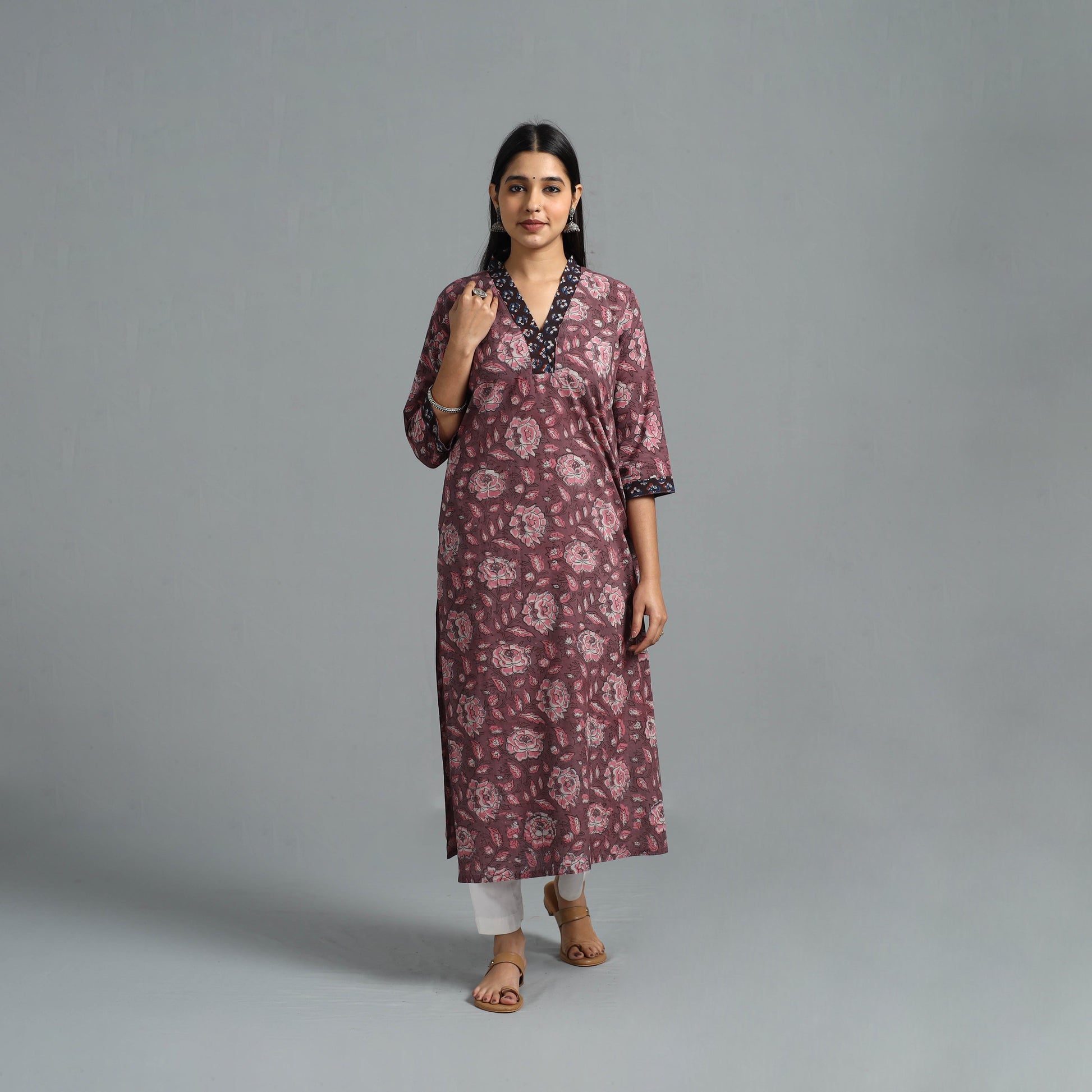 Brown - Block Printed Cotton Straight Bagru Kurta 07