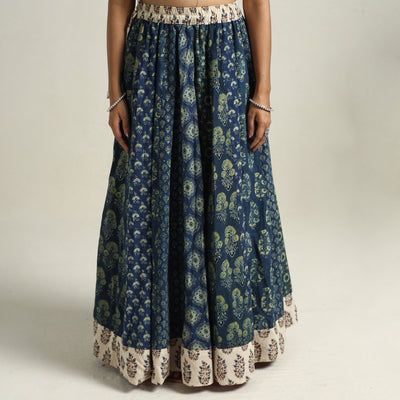Blue - Ajrakh Block Printed 24 Kali Patchwork Cotton Long Skirt 32