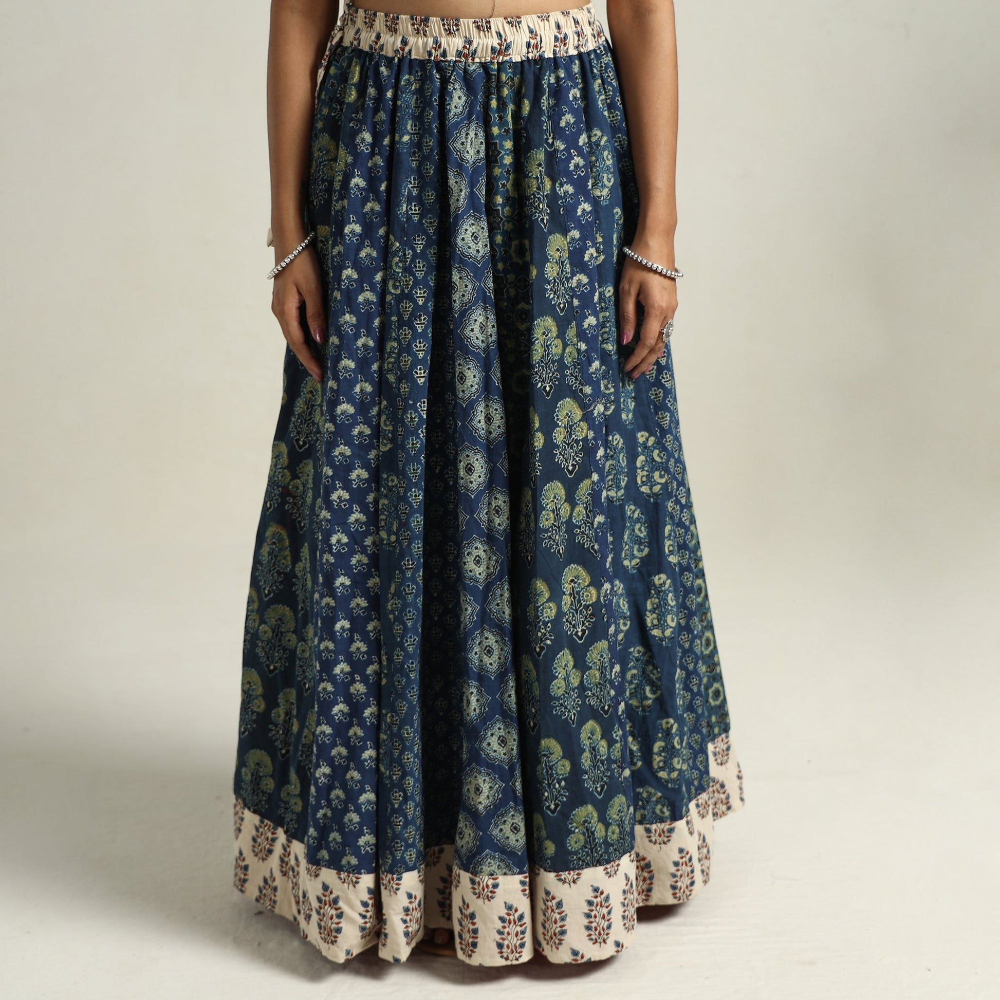 Blue - Ajrakh Block Printed 24 Kali Patchwork Cotton Long Skirt 32