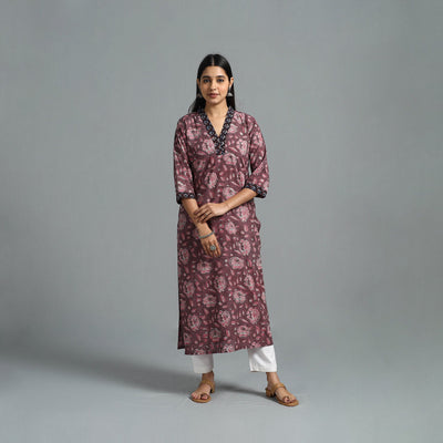 Brown - Block Printed Cotton Straight Bagru Kurta 07
