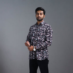 Black - Sanganeri Block Printed Cotton Men Full Sleeve Shirt 05